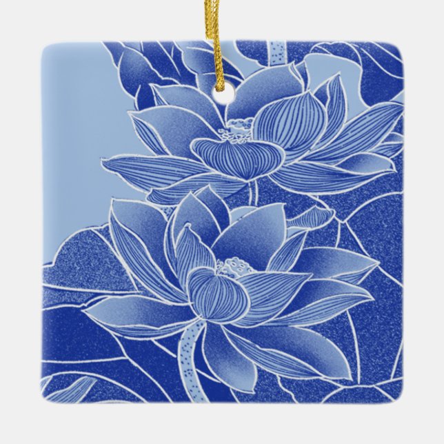 Elegant Blue Flower Lotus Mandala Lily Chinoiserie Ceramic Ornament (Front)