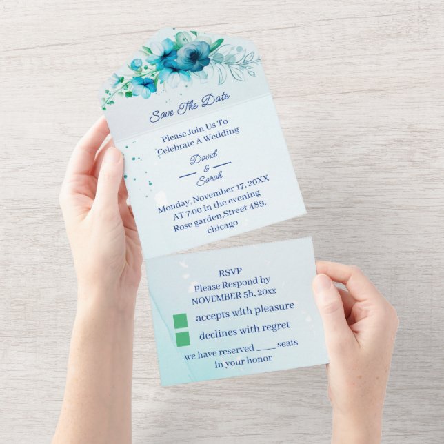 Elegant Blue Flower Personalised Save The Date All In One Invitation (Tearaway)