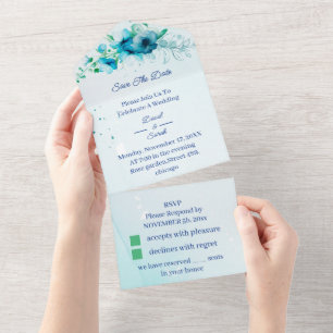 Elegant Blue Flower Personalised Save The Date All In One Invitation
