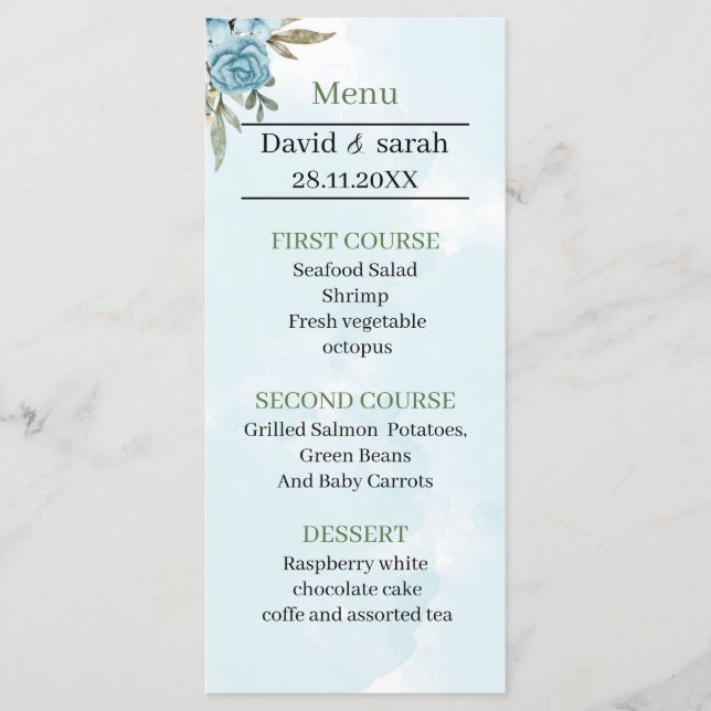 Elegant Blue Flower Personalised Wedding Dinner Menu (Front)