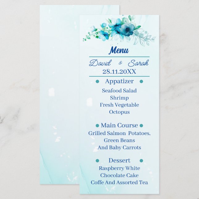 Elegant Blue Flower Personalised Wedding Dinner Menu (Front/Back)