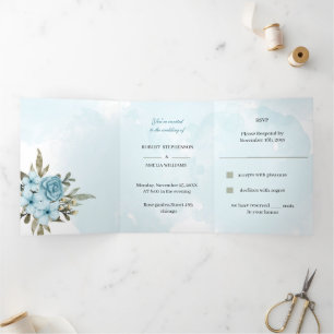 Elegant Blue Flower Personalised Wedding Tri-Fold Invitation
