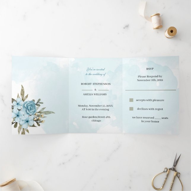Elegant Blue Flower Personalised Wedding Tri-Fold Invitation (Inside)