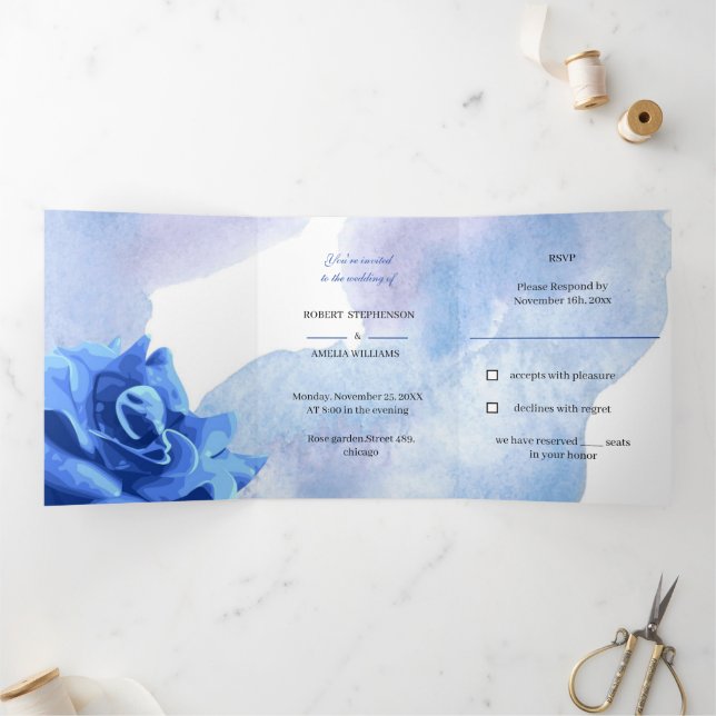 Elegant Blue Flower Personalised Wedding Tri-Fold Invitation (Inside)