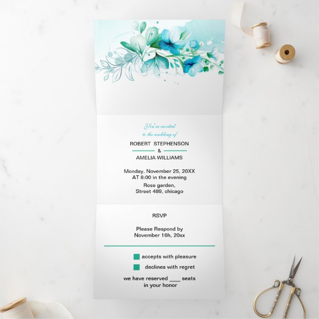 Elegant Blue Flower Personalised Wedding Tri-Fold Invitation (Inside)