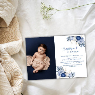 Elegant Blue Flower  Photo Cross Baptism Invitation
