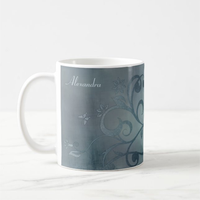 Elegant Blue Flower Swirl Mug (Left)