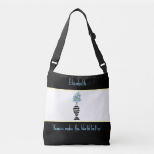 elegant Blue Flowers and Bold Stripes Crossbody Bag