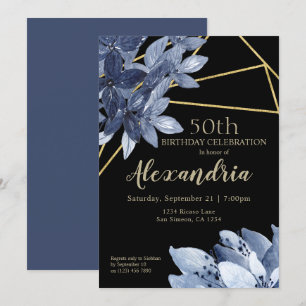 Elegant Blue Flowers and Gold Birthday Party Invitation