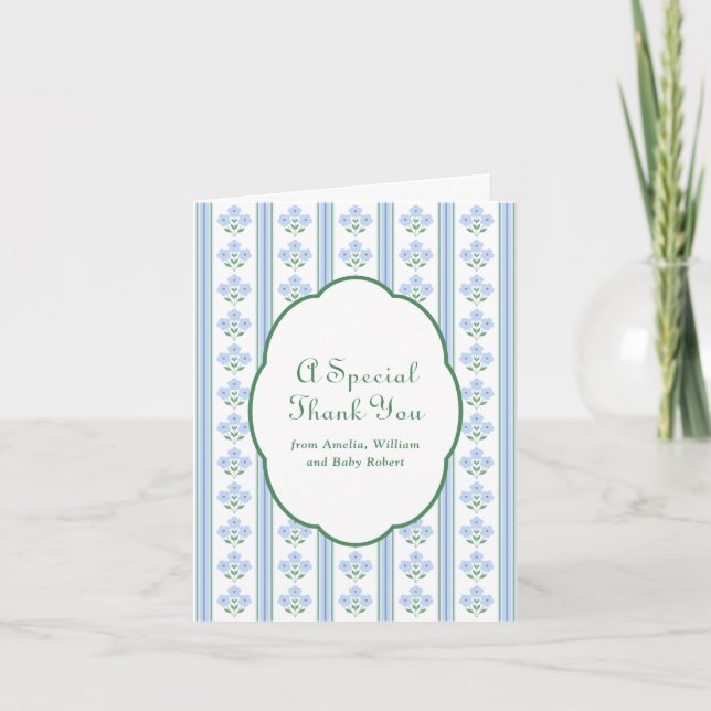 Elegant Blue Flowers Baby Shower Thank You Card (Front)