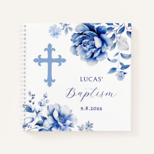 Elegant Blue Flowers Baptism Guest Book