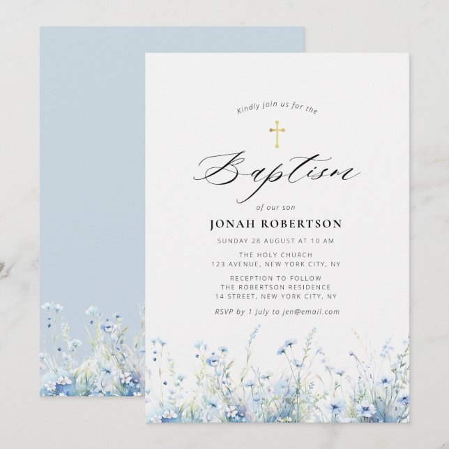Elegant blue flowers baptism invitation (Front/Back)