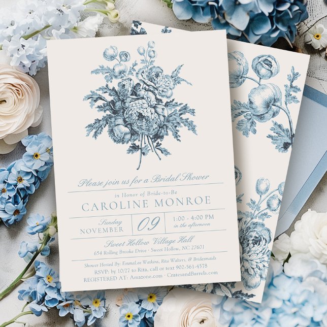 Elegant Blue Flowers Botanical Bridal Shower Invitation (Blue & ivory modern vintage floral bouquet chinoiserie french toile elegant bridal shower invitation)