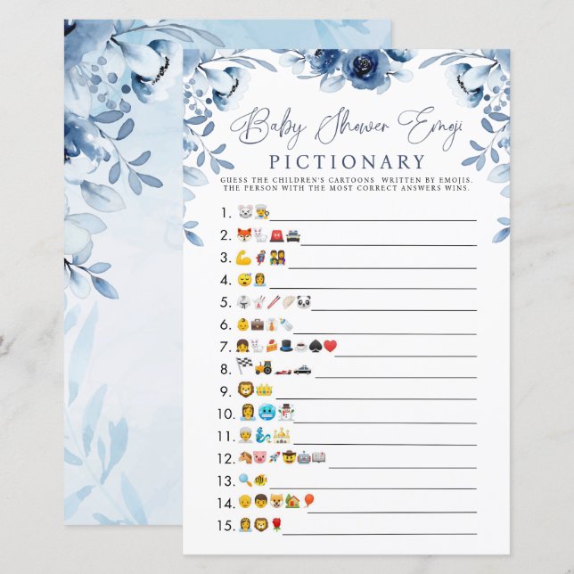 Elegant Blue Flowers Boy Baby Shower Emoji Game  (Front/Back)