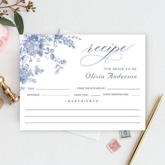Elegant Blue Flowers Bridal Shower Recipe Card (Creator Uploaded)