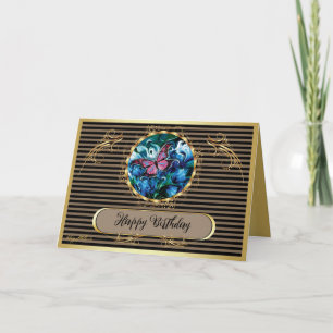 Elegant Blue Flowers & Butterfly Birthday Card
