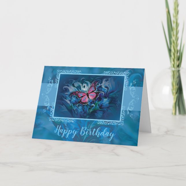Elegant Blue Flowers & Butterfly Card (Front)