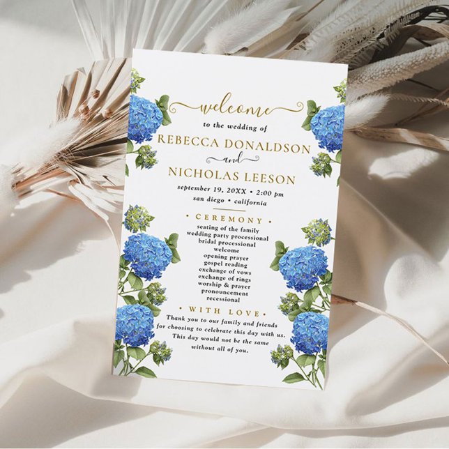 Elegant Blue Flowers Calligraphy Wedding Program (calligraphy wedding program)