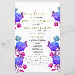 Elegant Blue Flowers Calligraphy Wedding Program