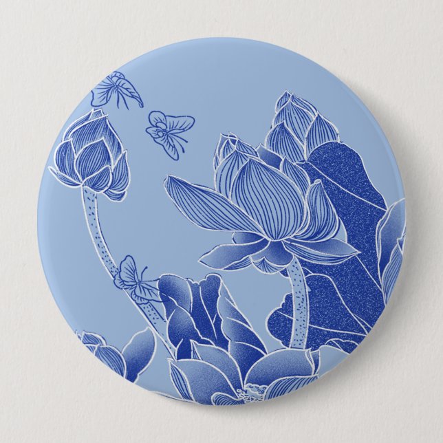 Elegant Blue Flowers Chinoiserie Lotus Mandala  10 Cm Round Badge (Front)