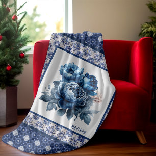 Elegant Blue flowers chinoiserie toile monogram Fleece Blanket