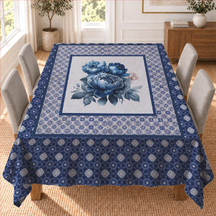 Elegant Blue flowers chinoiserie toile monogram Tablecloth