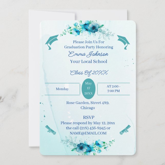 Elegant Blue Flowers Custom Graduation Invitation (Front)