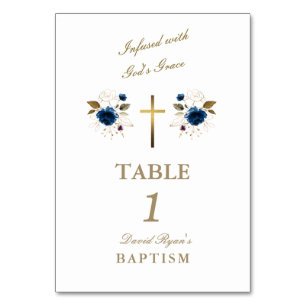 Elegant Blue Flowers Gold Cross Boy Baptism Table Number