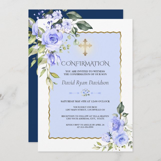 Elegant Blue Flowers Gold Cross Boy Confirmation Invitation (Front/Back)