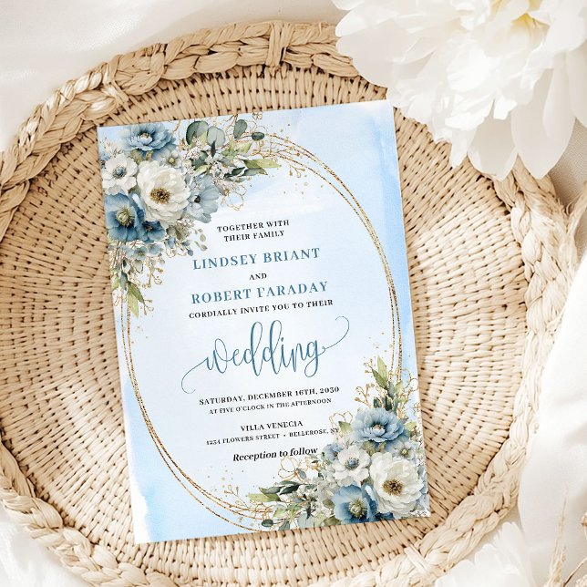 Elegant Blue Flowers Gold Glitter Wedding Invite (Elegant Blue Flowers Gold Glitter Wedding Invite)
