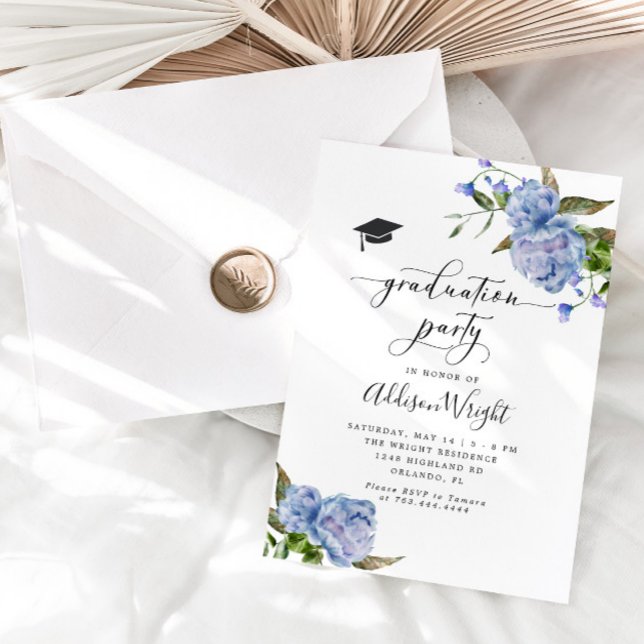 Elegant Blue Flowers Graduation Party  Invitation (Creator Uploaded)