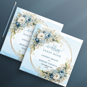 Elegant Blue Flowers Greenery Gold Guest Book