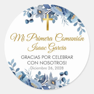 Elegant Blue Flowers in Spanish First Communion Classic Round Sticker