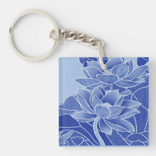 Elegant Blue Flowers Lotus Lily Chinoiserie Chic Key Ring