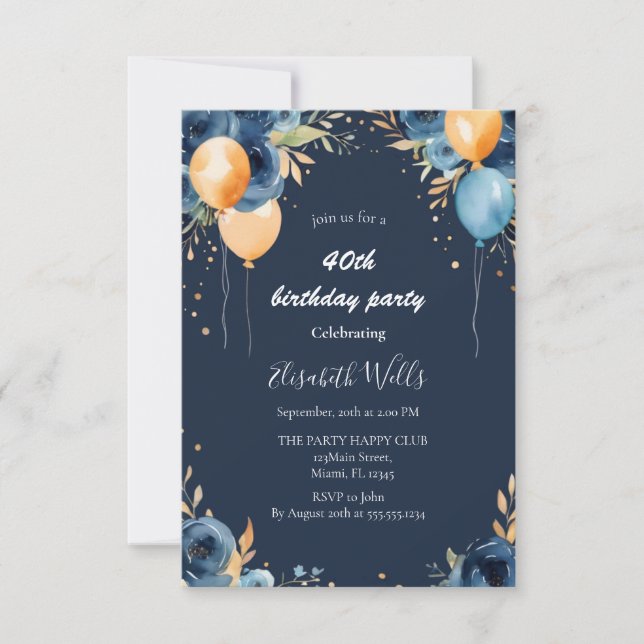 Elegant Blue Flowers Orange Ballons Birthday Invitation (Front)