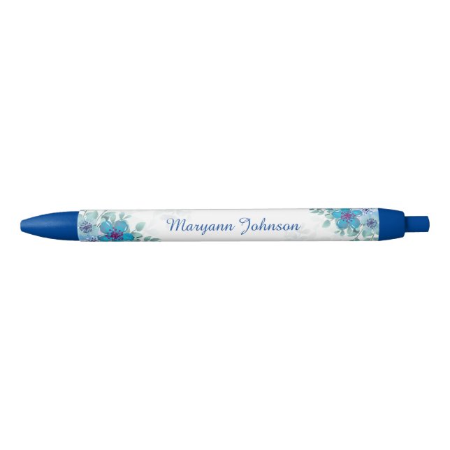 Elegant Blue Flowers Personalised Ink Pen (Front)