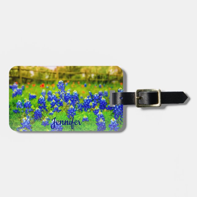 Elegant Blue Flowers Texas Bluebonnets Modern Luggage Tag (Front Horizontal)