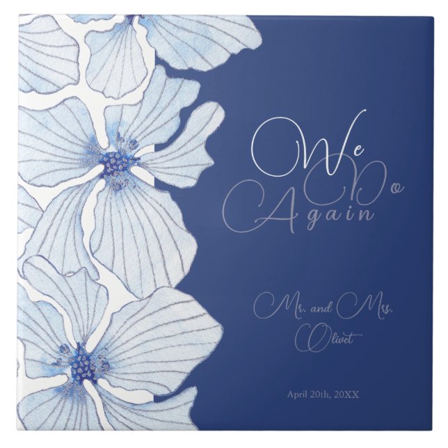 Elegant Blue Flowers Vow Renewal 10 years  Tile (Front)