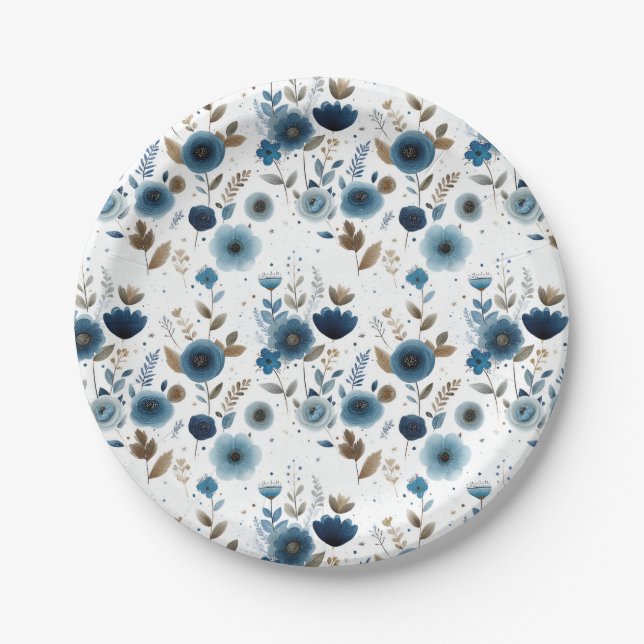 Elegant Blue Flowers Watercolor Floral Pattern Paper Plate (Front)