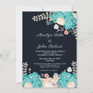 Elegant Blue Flowers Wedding Floral Navy Invitation