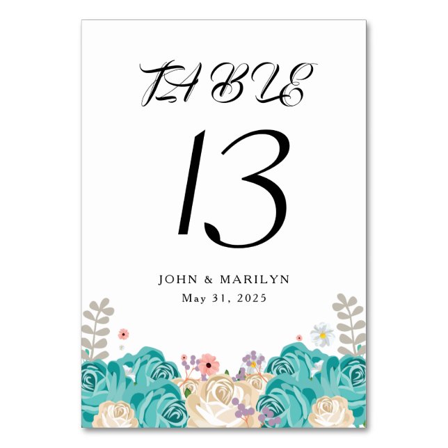 Elegant Blue Flowers Wedding Table Number (Front)