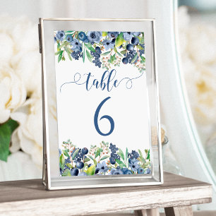 Elegant blue flowers wedding table numbers
