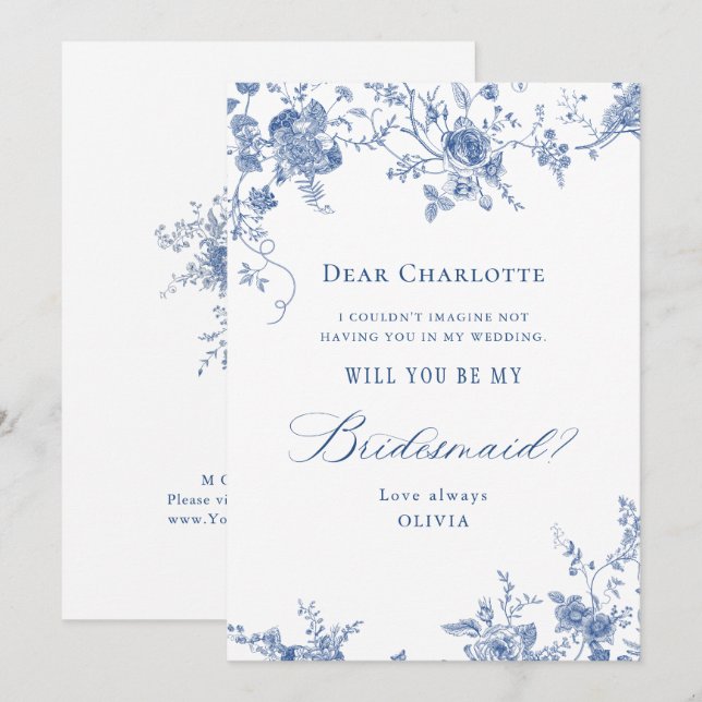 Elegant Blue Flowers Will You Be My Bridesmaid Invitation (Front/Back)