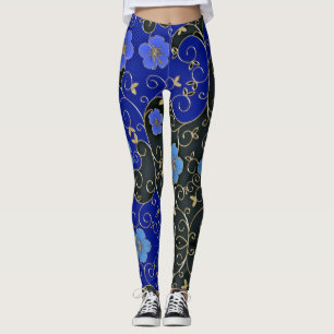 Elegant Blue Flowers With Gold Leaves And Swirls Leggings