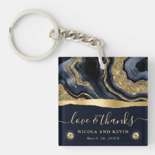 Elegant Blue Foil and Gold Glitter Agate Wedding Key Ring