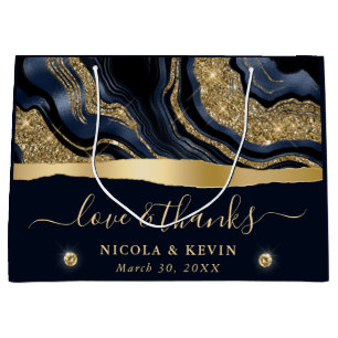 Elegant Blue Foil and Gold Glitter Agate Wedding Large Gift Bag
