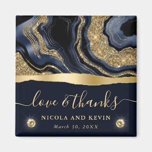 Elegant Blue Foil and Gold Glitter Agate Wedding Magnet