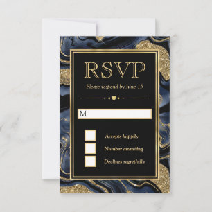 Elegant Blue Foil and Gold Glitter Agate Wedding RSVP Card