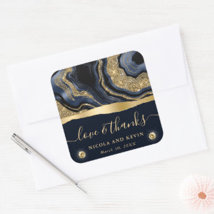 Elegant Blue Foil and Gold Glitter Agate Wedding Square Sticker