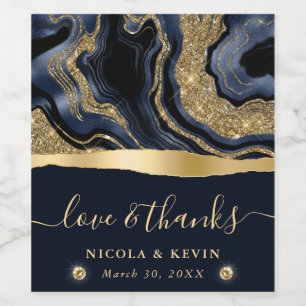 Elegant Blue Foil and Gold Glitter Agate Wedding Wine Label